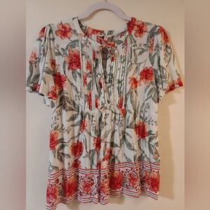 Lucky Brand Floral Tie-Neck Blouse in Cream, Red & Green